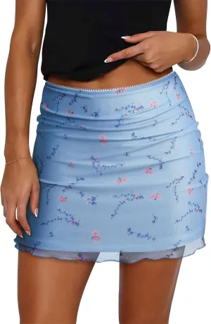 Ezcosplay Women High Waisted Floral Mesh Mini Skirt Bodycon Stretchy Sexy Y2K Short Skirts