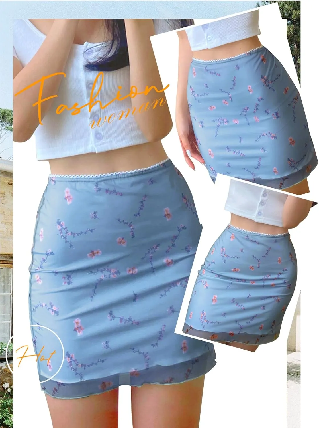 Ezcosplay Women High Waisted Floral Mesh Mini Skirt Bodycon Stretchy Sexy Y2K Short Skirts