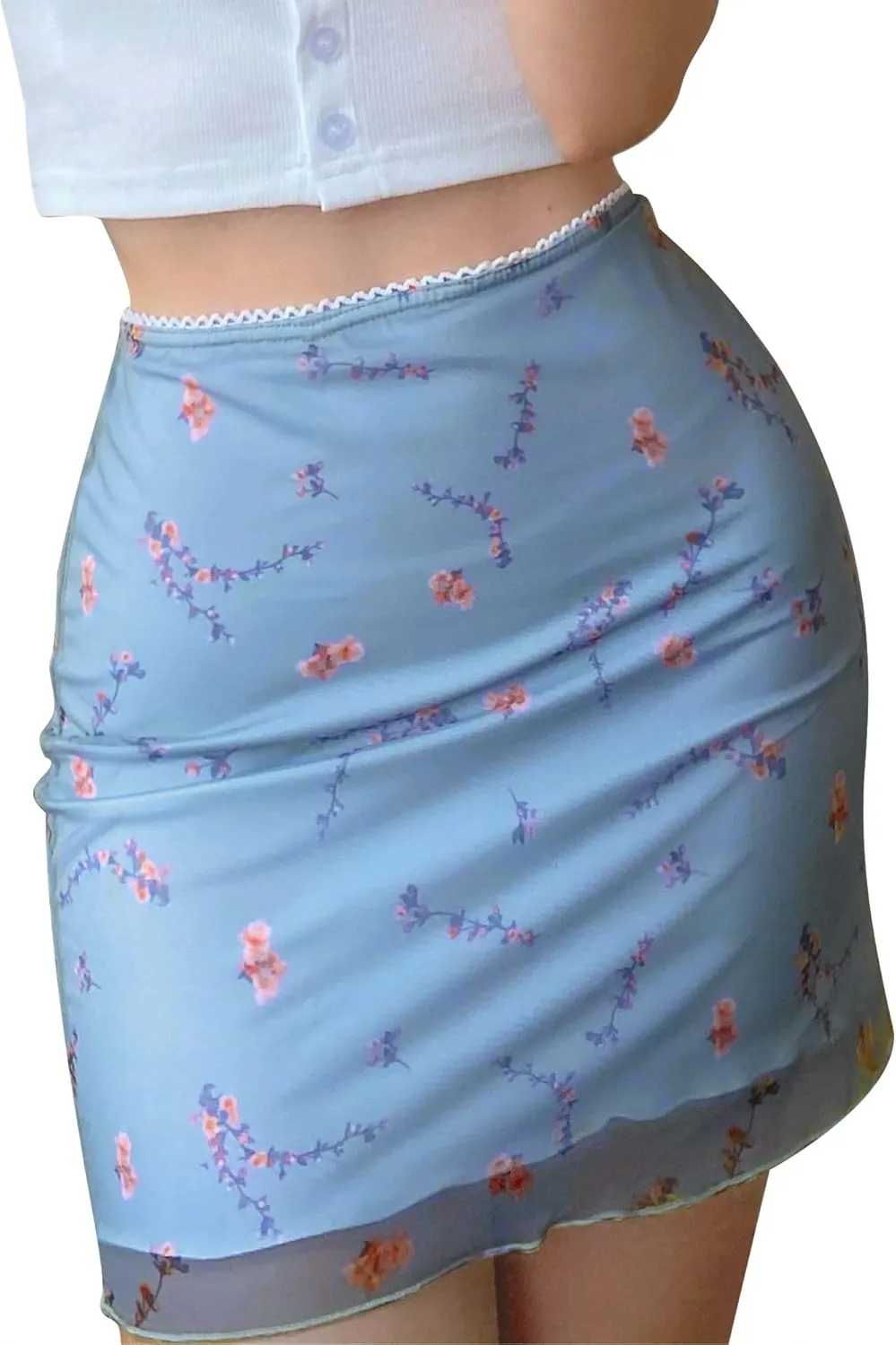 Ezcosplay Women High Waisted Floral Mesh Mini Skirt Bodycon Stretchy Sexy Y2K Short Skirts