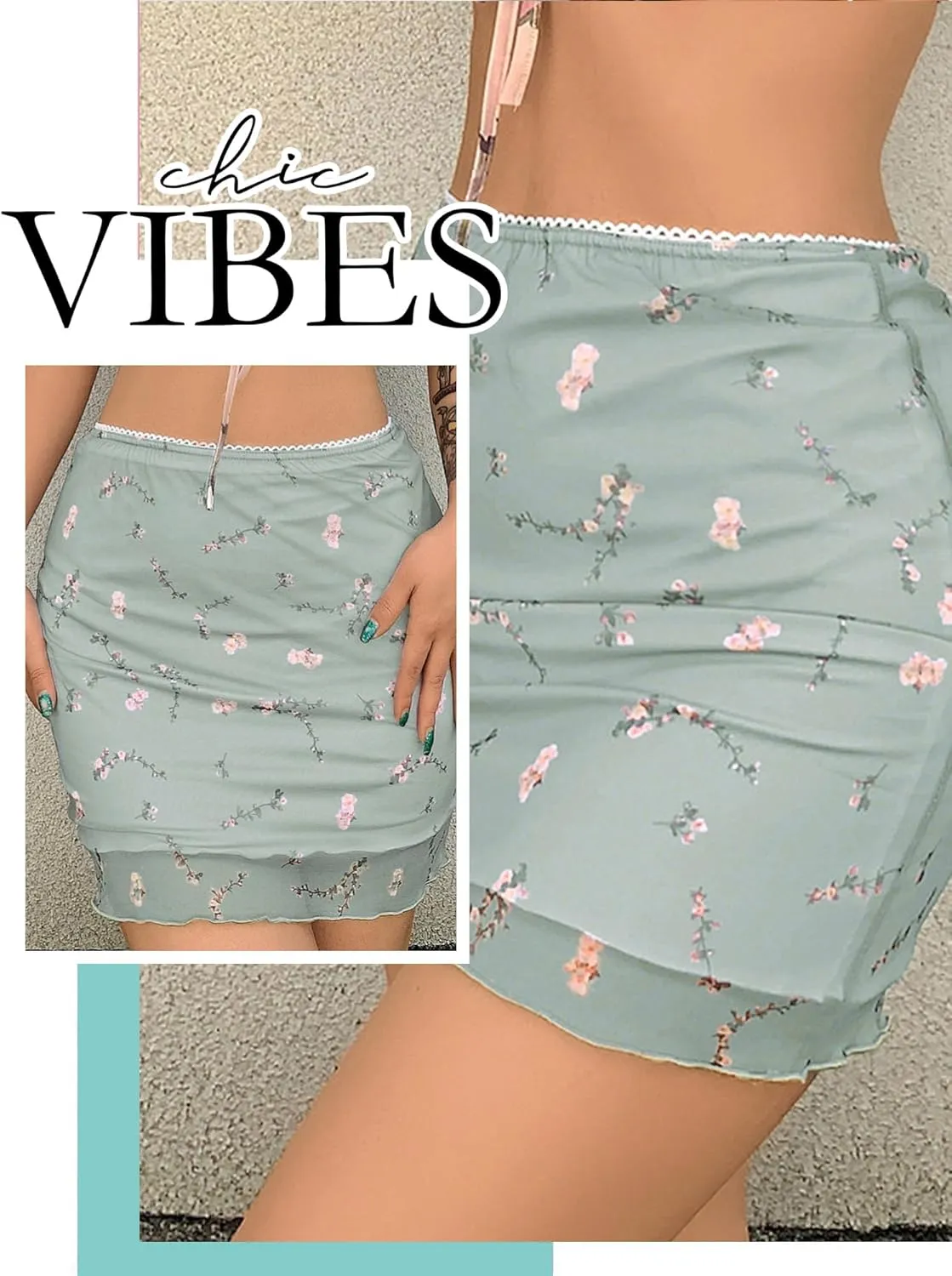 Ezcosplay Women High Waisted Floral Mesh Mini Skirt Bodycon Stretchy Sexy Y2K Short Skirts