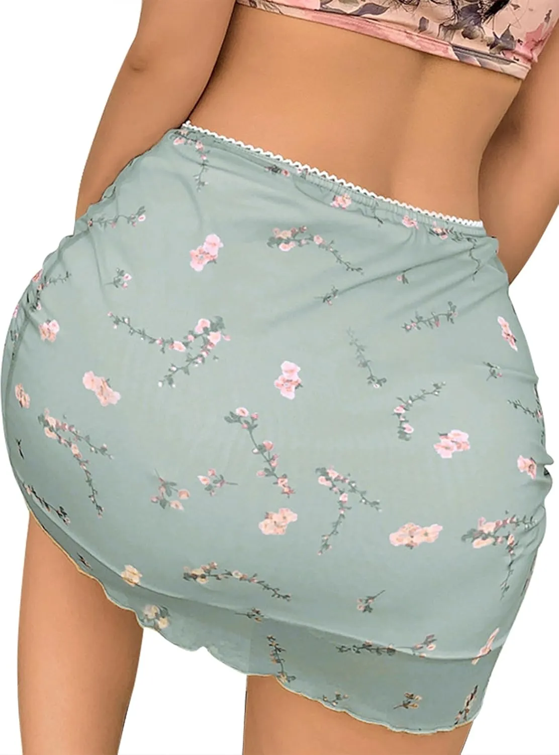 Ezcosplay Women High Waisted Floral Mesh Mini Skirt Bodycon Stretchy Sexy Y2K Short Skirts