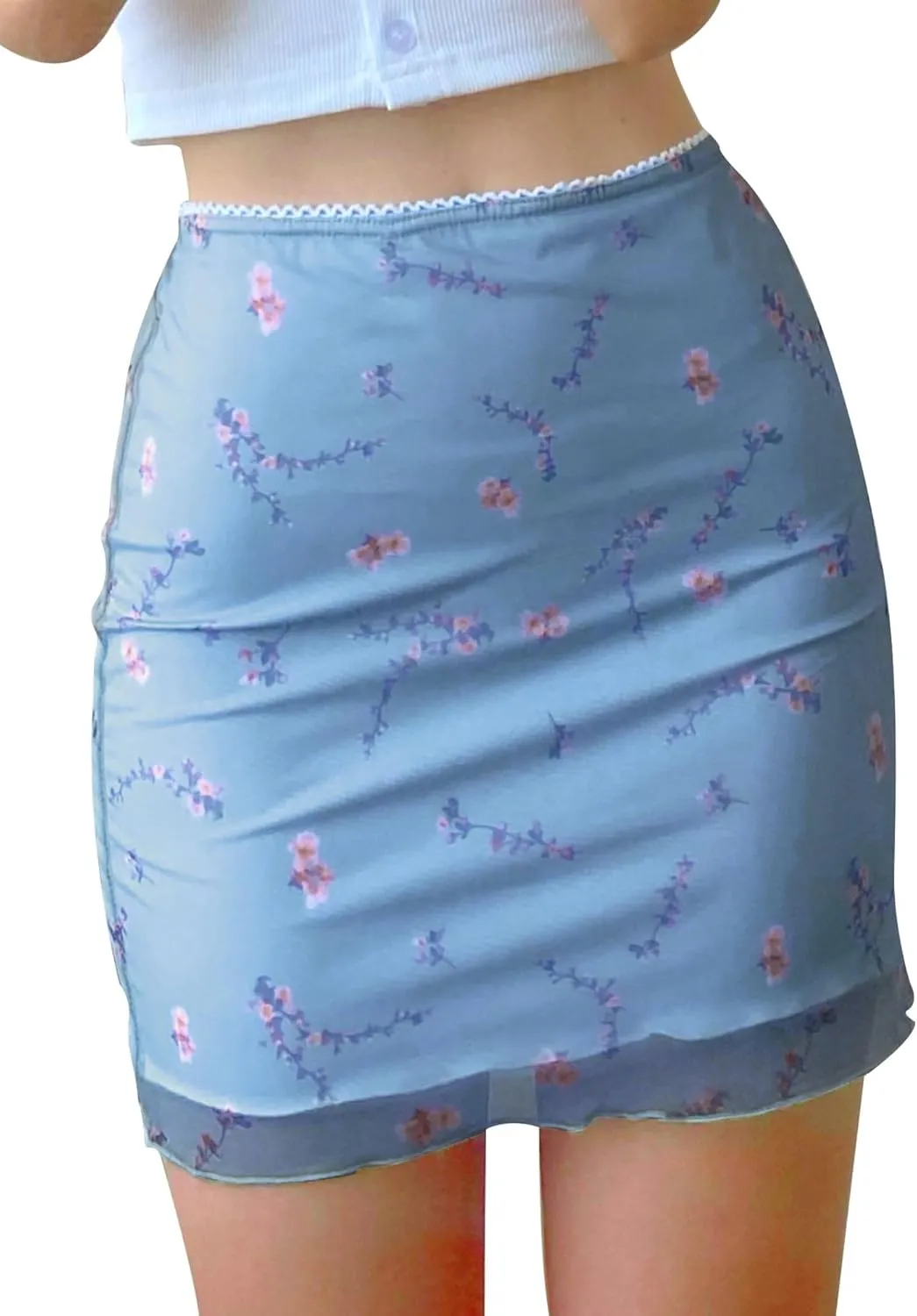 Ezcosplay Women High Waisted Floral Mesh Mini Skirt Bodycon Stretchy Sexy Y2K Short Skirts