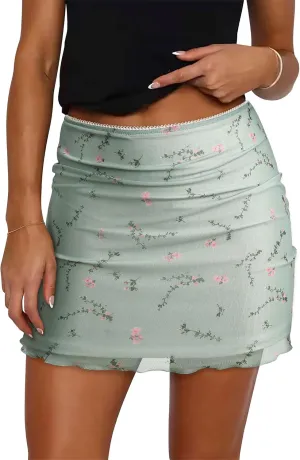 Ezcosplay Women High Waisted Floral Mesh Mini Skirt Bodycon Stretchy Sexy Y2K Short Skirts