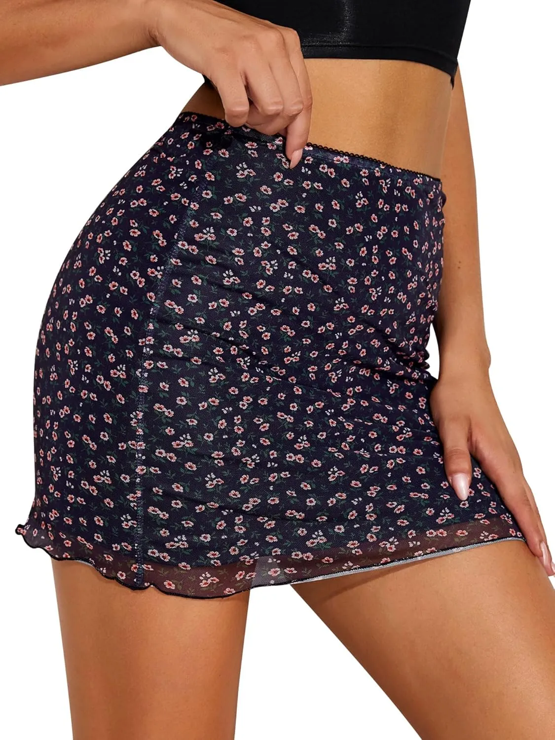 Ezcosplay Women High Waisted Floral Mesh Mini Skirt Bodycon Stretchy Sexy Y2K Short Skirts