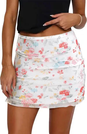 Ezcosplay Women High Waisted Floral Mesh Mini Skirt Bodycon Stretchy Sexy Y2K Short Skirts