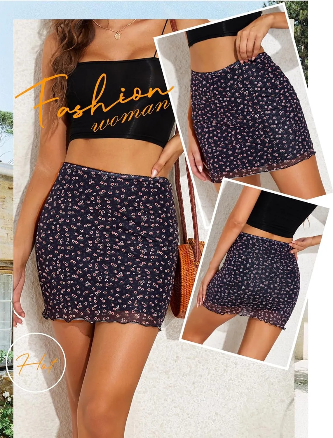 Ezcosplay Women High Waisted Floral Mesh Mini Skirt Bodycon Stretchy Sexy Y2K Short Skirts