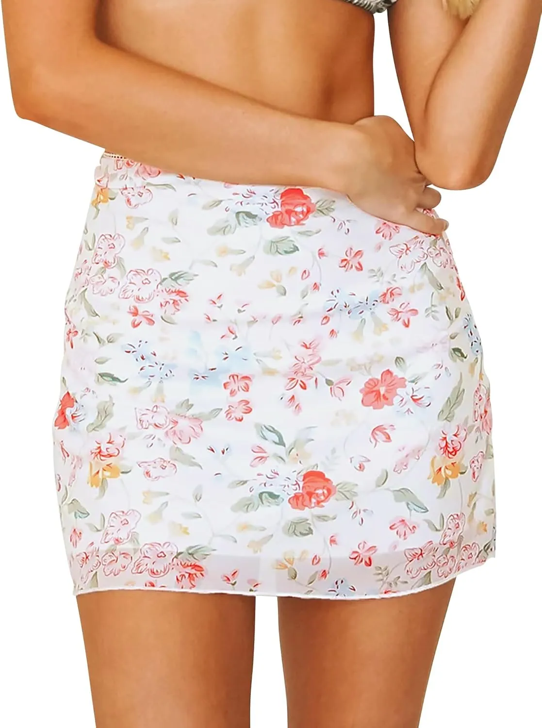 Ezcosplay Women High Waisted Floral Mesh Mini Skirt Bodycon Stretchy Sexy Y2K Short Skirts