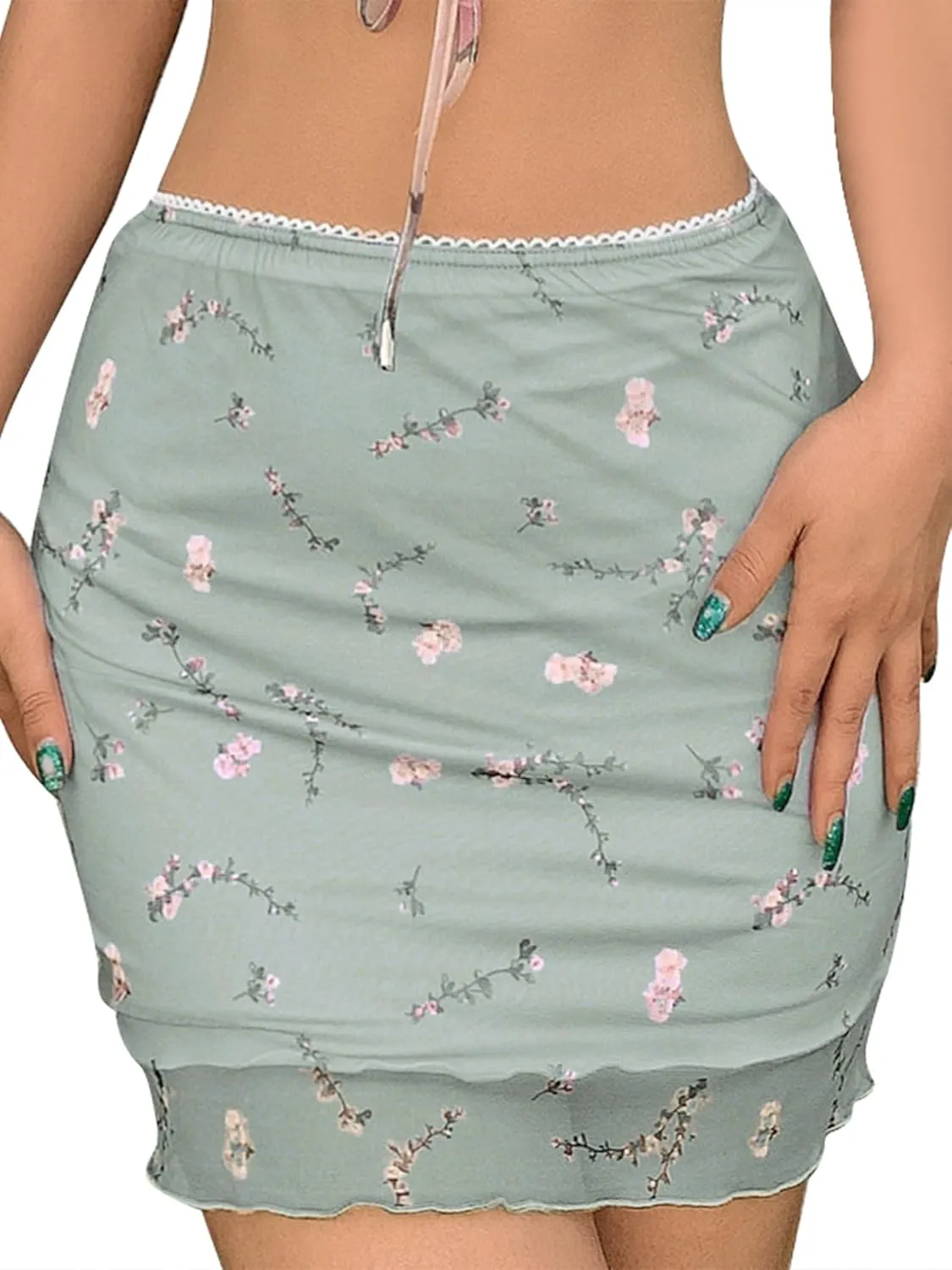 Ezcosplay Women High Waisted Floral Mesh Mini Skirt Bodycon Stretchy Sexy Y2K Short Skirts