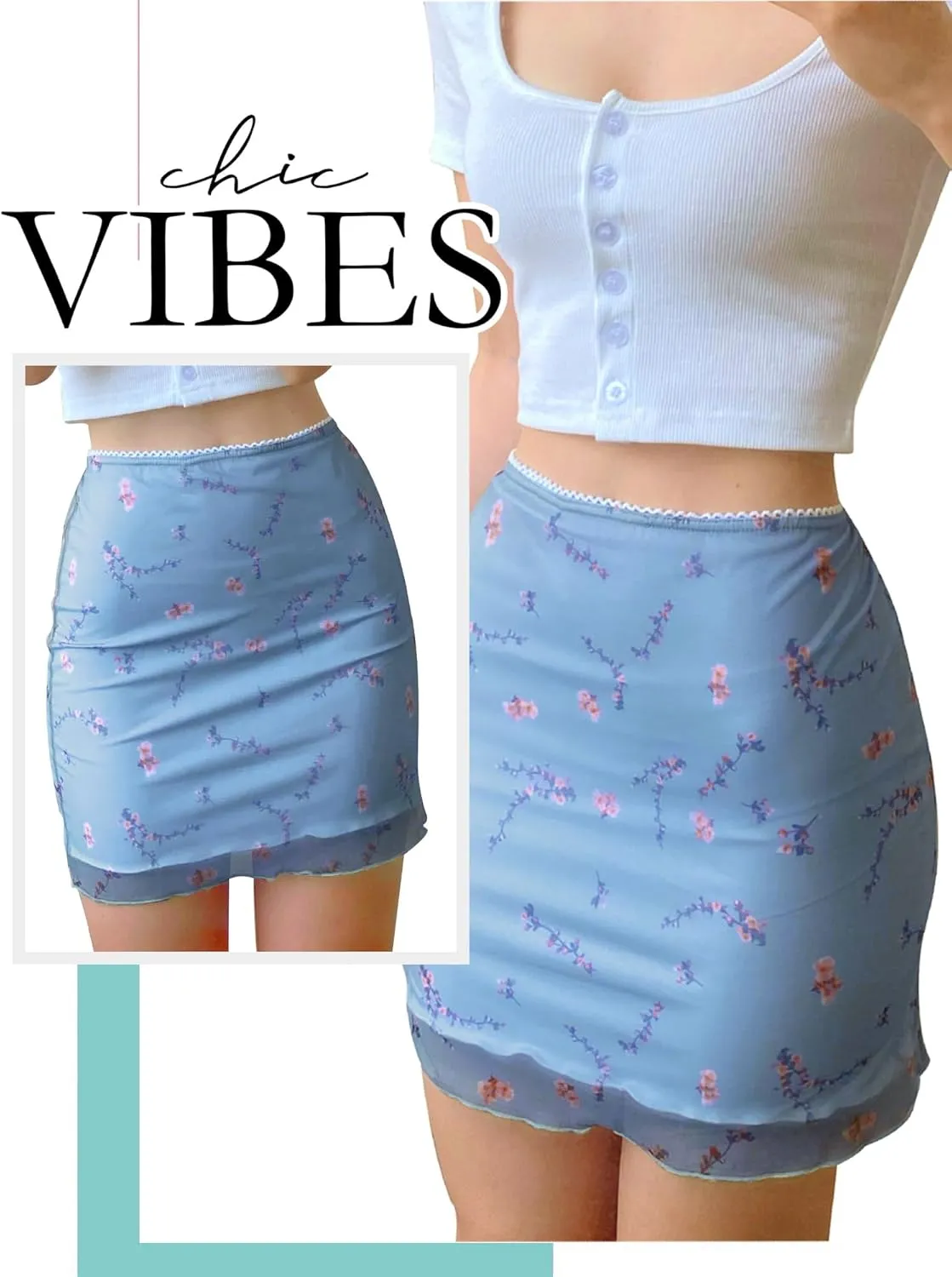 Ezcosplay Women High Waisted Floral Mesh Mini Skirt Bodycon Stretchy Sexy Y2K Short Skirts