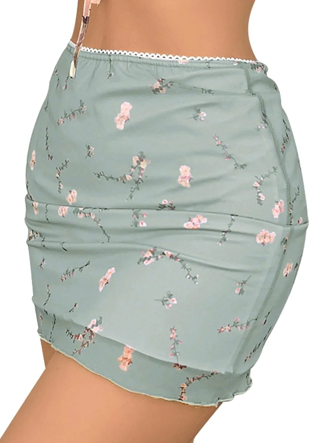 Ezcosplay Women High Waisted Floral Mesh Mini Skirt Bodycon Stretchy Sexy Y2K Short Skirts