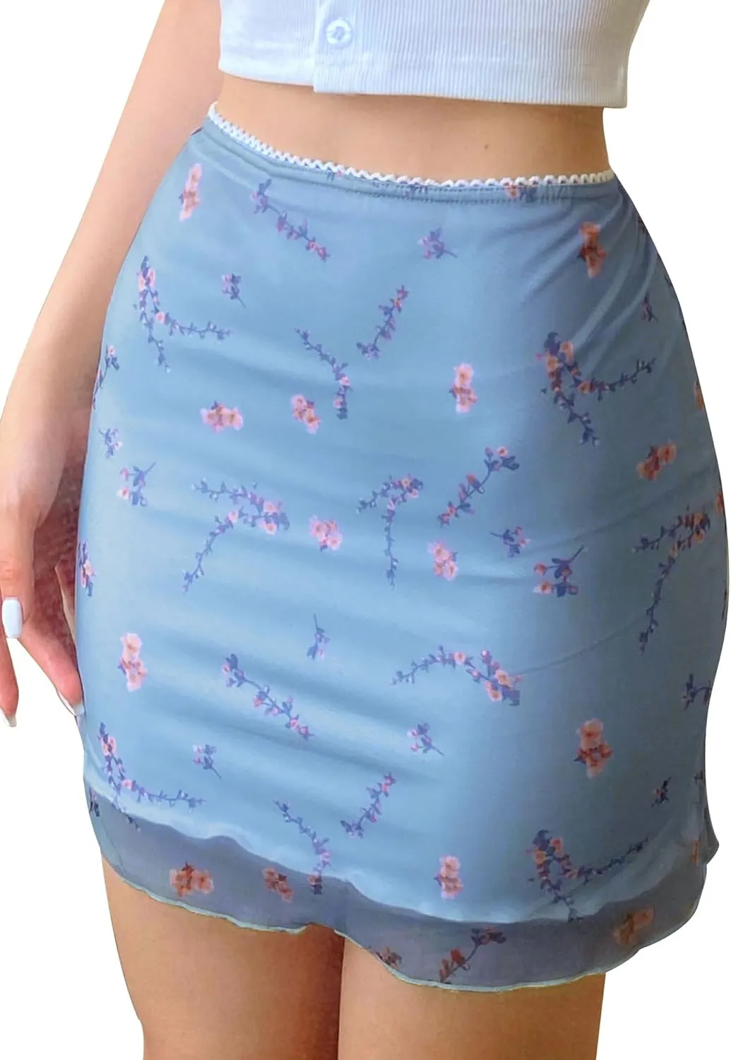 Ezcosplay Women High Waisted Floral Mesh Mini Skirt Bodycon Stretchy Sexy Y2K Short Skirts