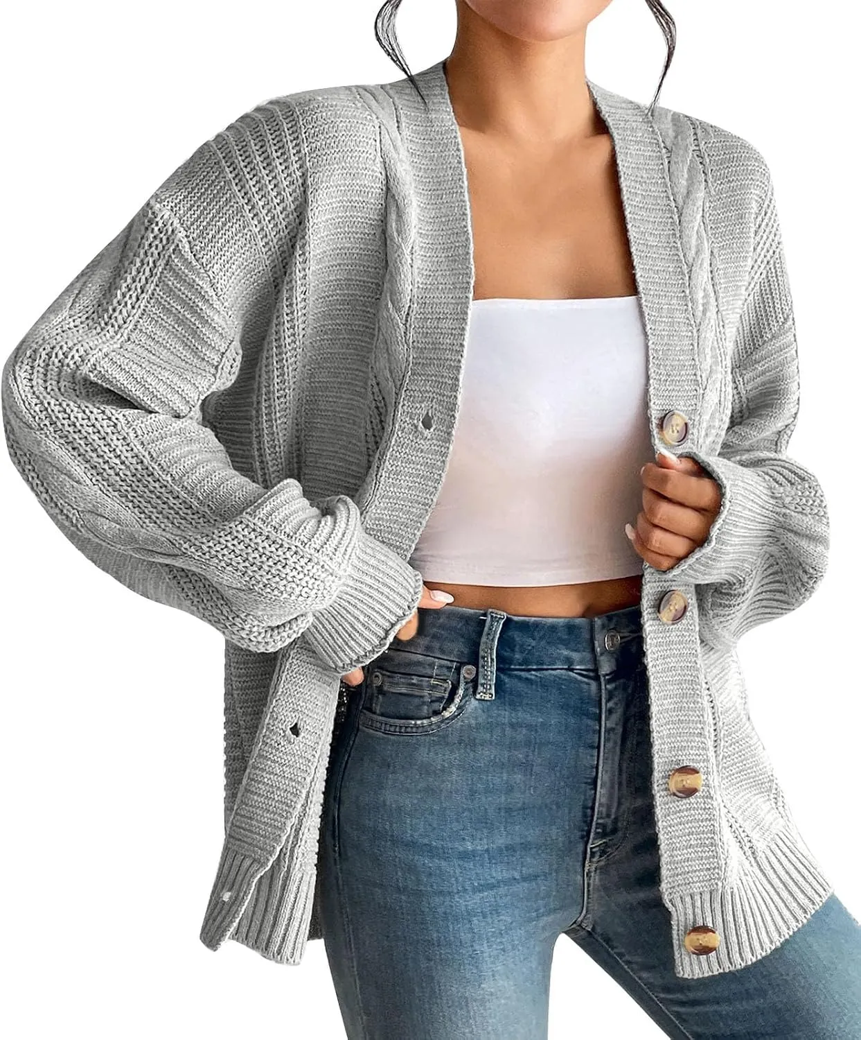 Fashion Winter Cardigans for Womens Long Sleeves Cable Knit Sweater Classic Button Up Cardigan Sweater Loose Fit Coat