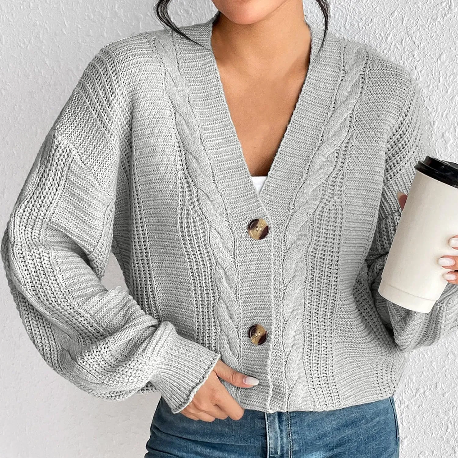 Fashion Winter Cardigans for Womens Long Sleeves Cable Knit Sweater Classic Button Up Cardigan Sweater Loose Fit Coat