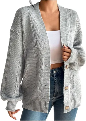 Fashion Winter Cardigans for Womens Long Sleeves Cable Knit Sweater Classic Button Up Cardigan Sweater Loose Fit Coat