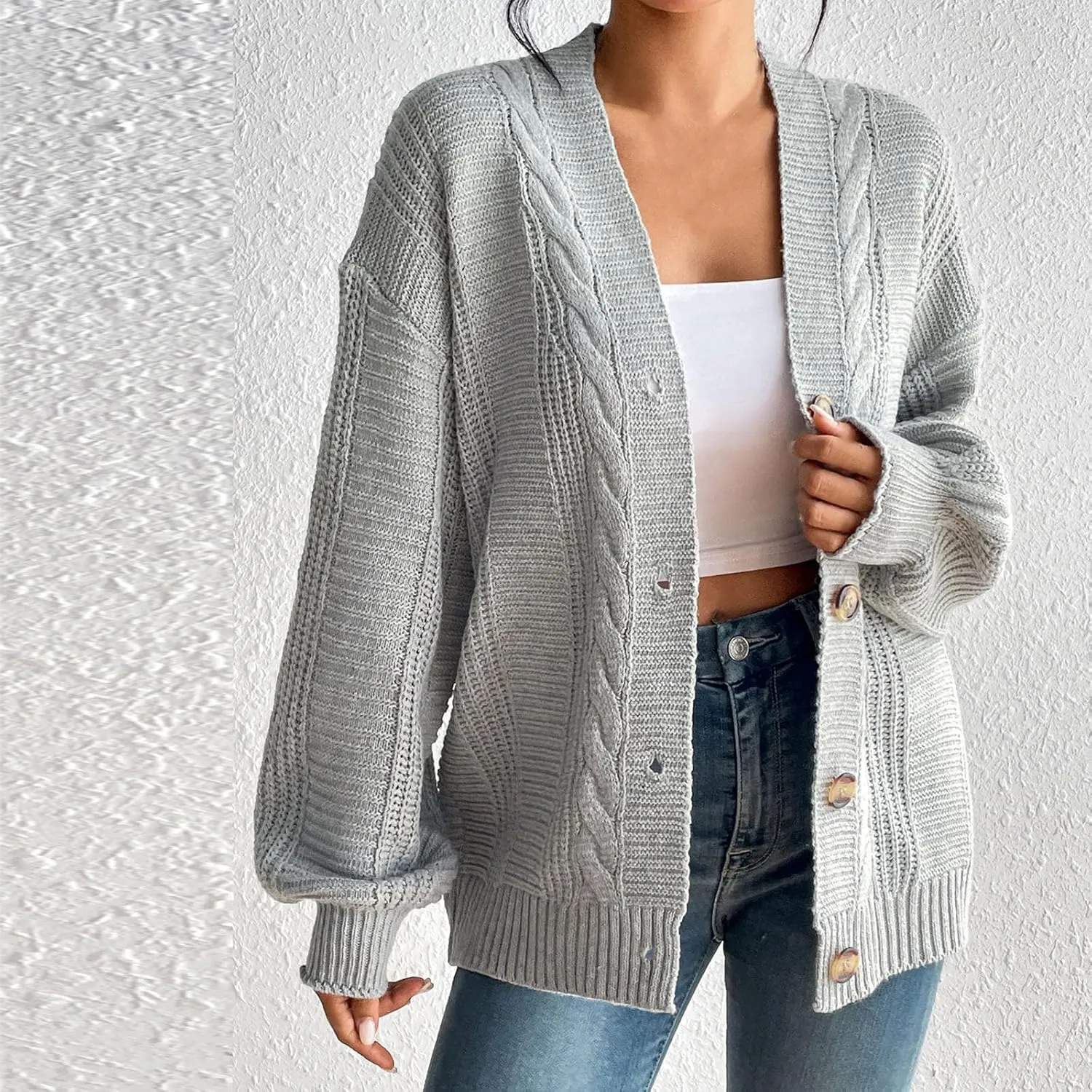 Fashion Winter Cardigans for Womens Long Sleeves Cable Knit Sweater Classic Button Up Cardigan Sweater Loose Fit Coat