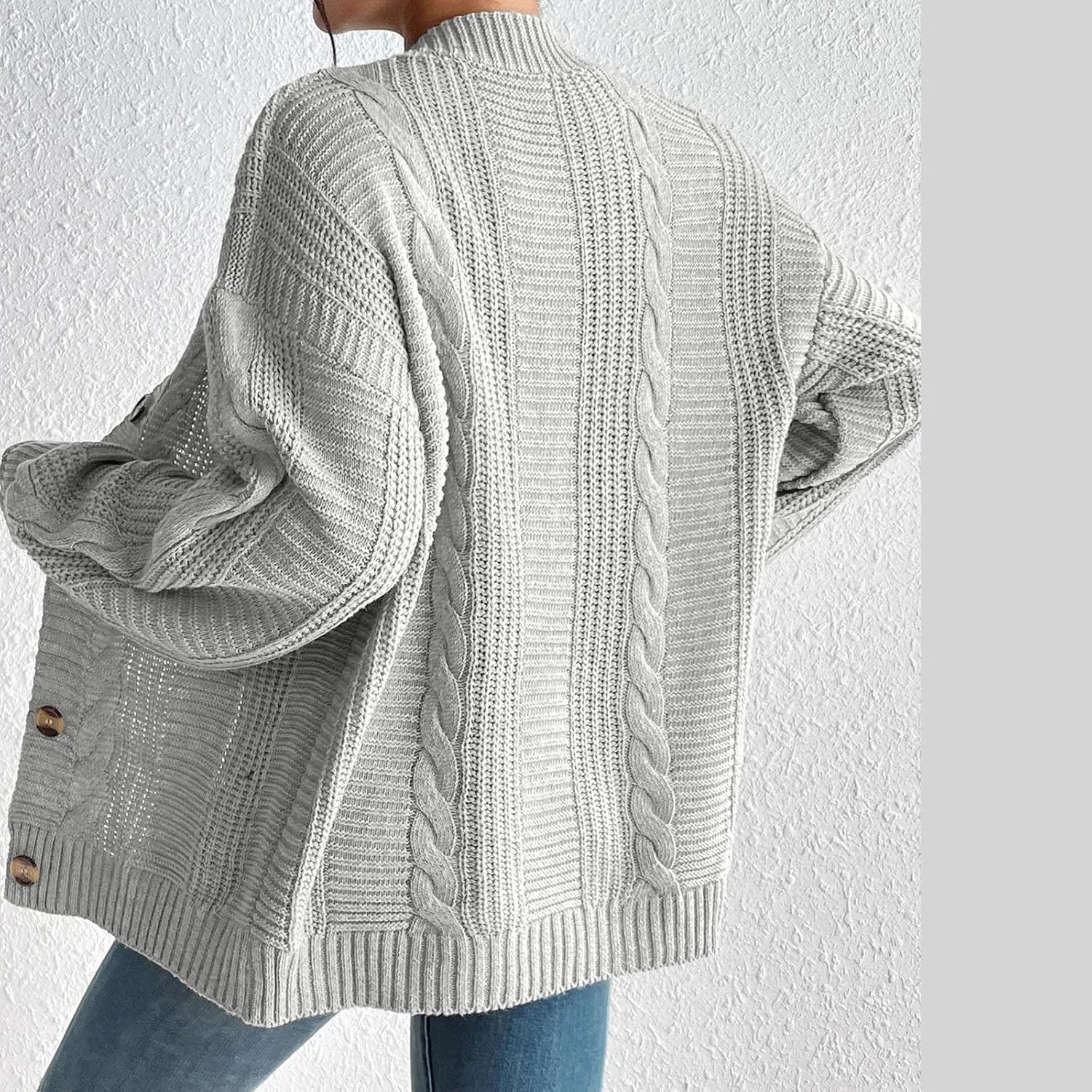 Fashion Winter Cardigans for Womens Long Sleeves Cable Knit Sweater Classic Button Up Cardigan Sweater Loose Fit Coat
