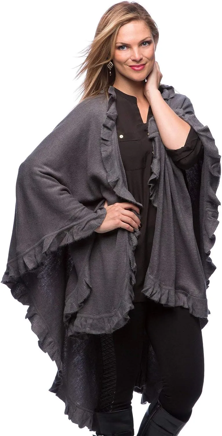 Fennco Styles Women's Ruffle Trim Knit Open Front Poncho Cape Shawl - Fall Wrap Jacket, Cozy and Stylish Layering Piece