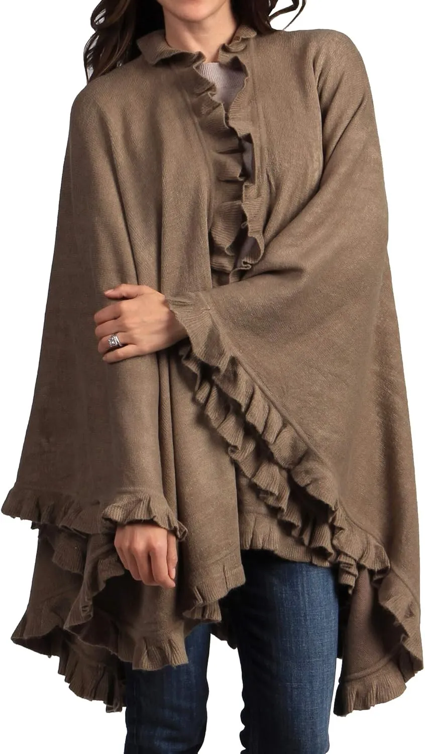 Fennco Styles Women's Ruffle Trim Knit Open Front Poncho Cape Shawl - Fall Wrap Jacket, Cozy and Stylish Layering Piece