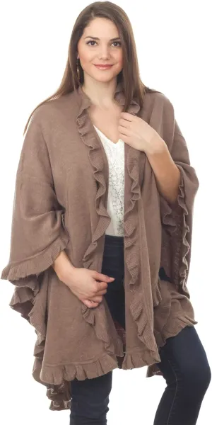 Fennco Styles Women's Ruffle Trim Knit Open Front Poncho Cape Shawl - Fall Wrap Jacket, Cozy and Stylish Layering Piece