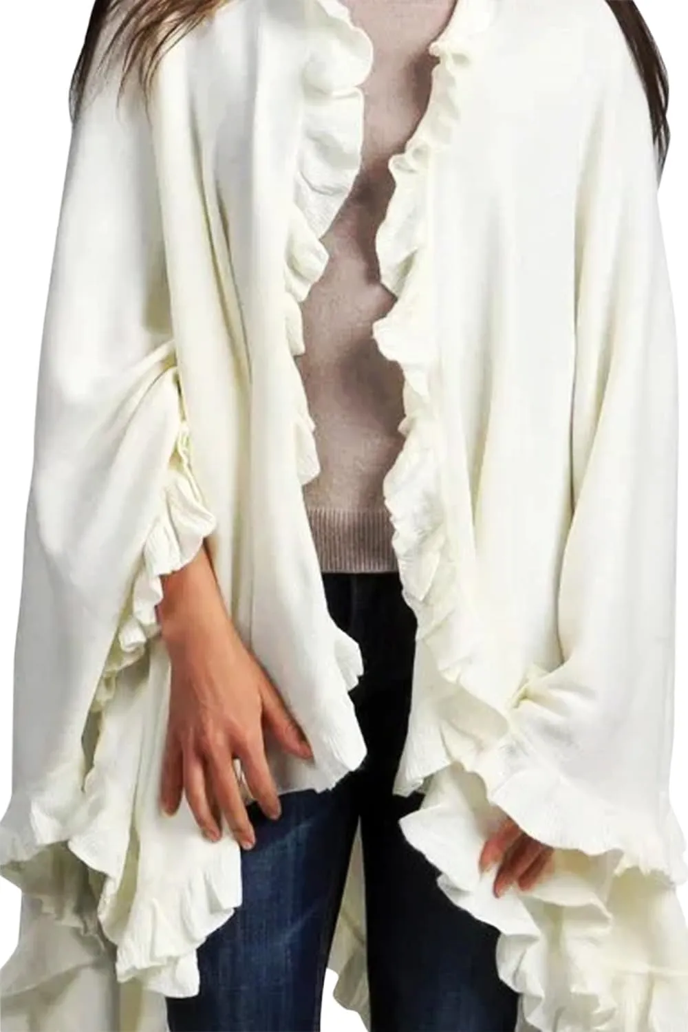 Fennco Styles Women's Ruffle Trim Knit Open Front Poncho Cape Shawl - Fall Wrap Jacket, Cozy and Stylish Layering Piece