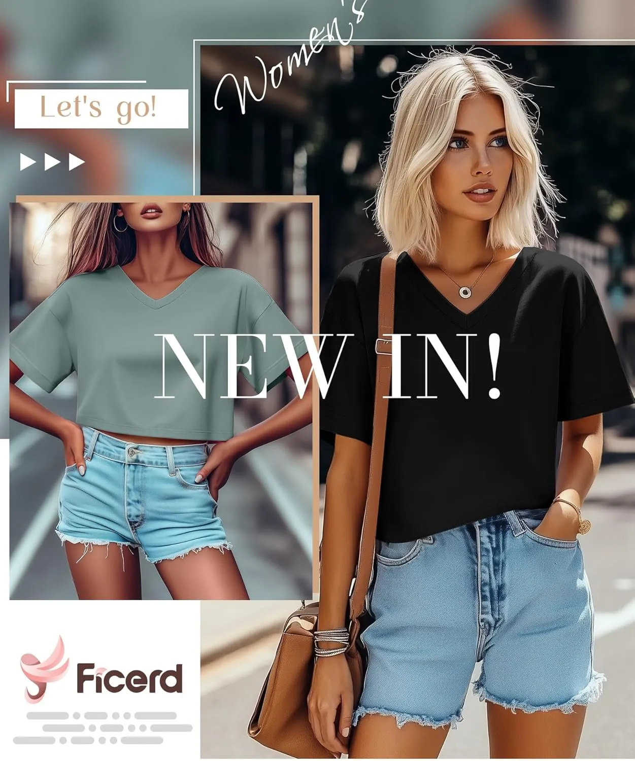 Ficerd 3 Pack Cotton Women's V Neck Crop Tops Half Sleeve Drop Shoulder Basics Cropped Top Boxy Tees for Girls