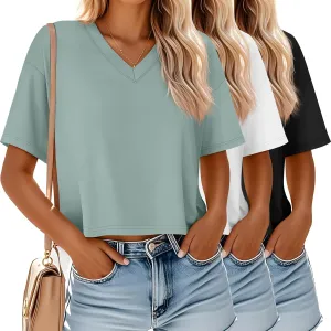 Ficerd 3 Pack Cotton Women's V Neck Crop Tops Half Sleeve Drop Shoulder Basics Cropped Top Boxy Tees for Girls