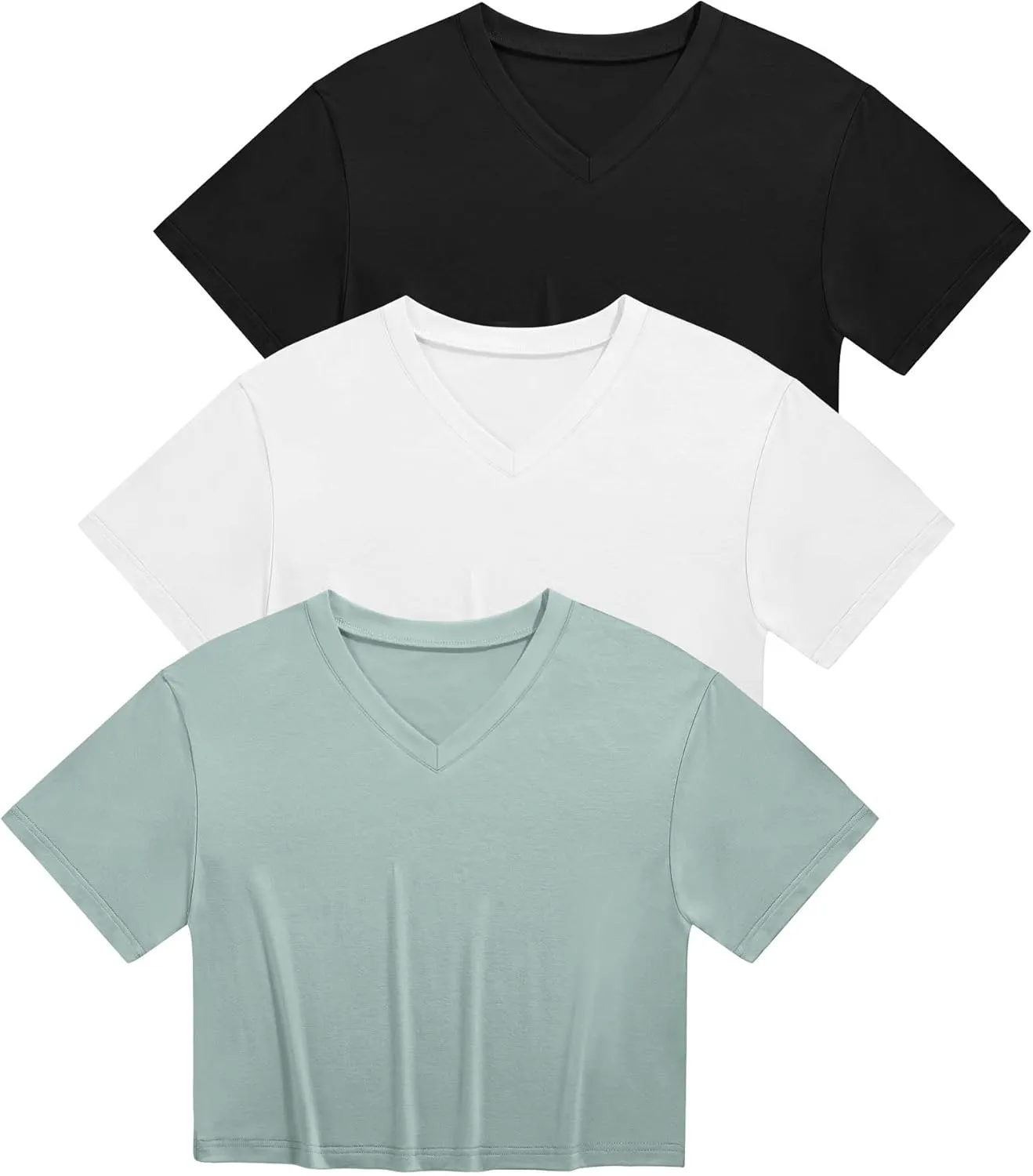 Ficerd 3 Pack Cotton Women's V Neck Crop Tops Half Sleeve Drop Shoulder Basics Cropped Top Boxy Tees for Girls