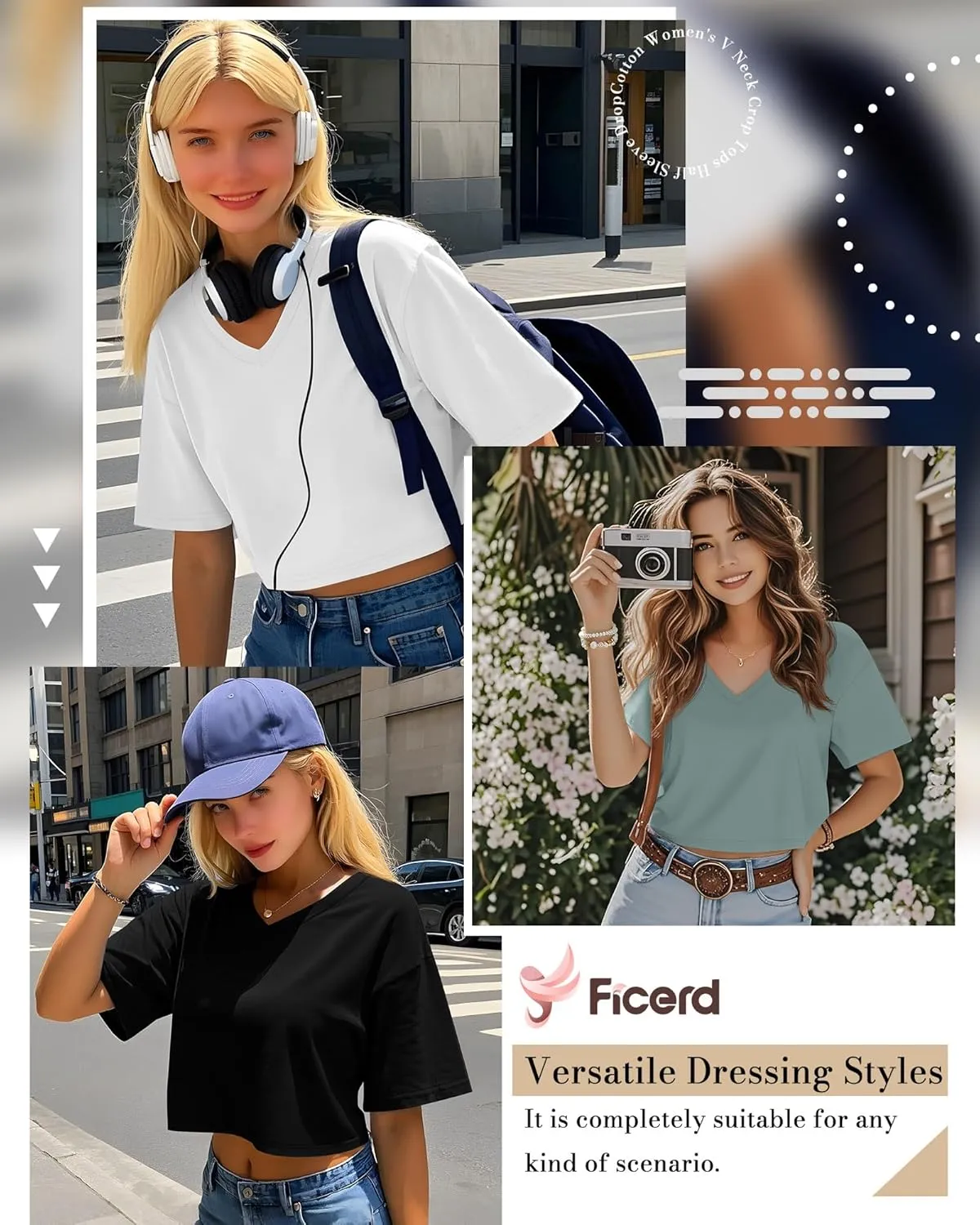 Ficerd 3 Pack Cotton Women's V Neck Crop Tops Half Sleeve Drop Shoulder Basics Cropped Top Boxy Tees for Girls