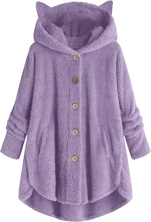 Fleece Jackets for Women,Women Plus Size Button Plush Tops Hooded Patchwork Loose Cardigan Wool Coat Winter Jacket