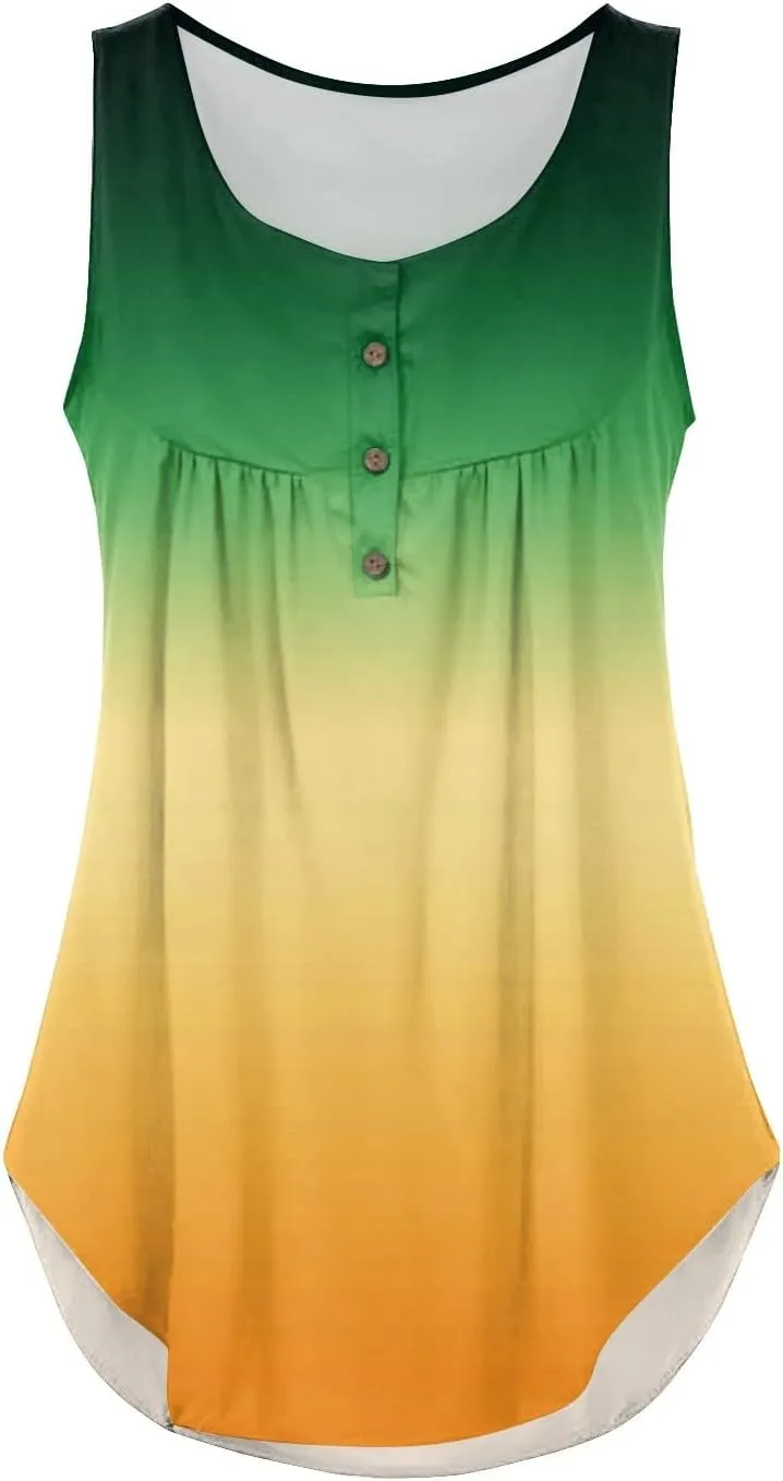 Flowy Tank Tops Women 2025 Summer Henley Button Stripe Printed Sleeveless Pleated Front Casual Camis Blouse