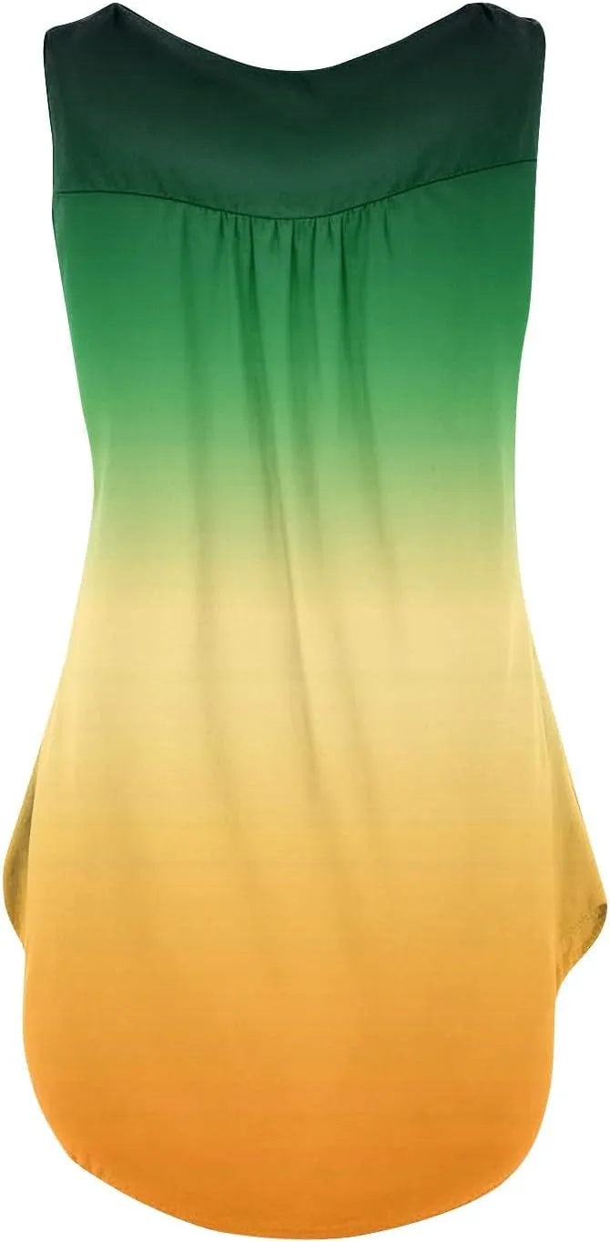 Flowy Tank Tops Women 2025 Summer Henley Button Stripe Printed Sleeveless Pleated Front Casual Camis Blouse