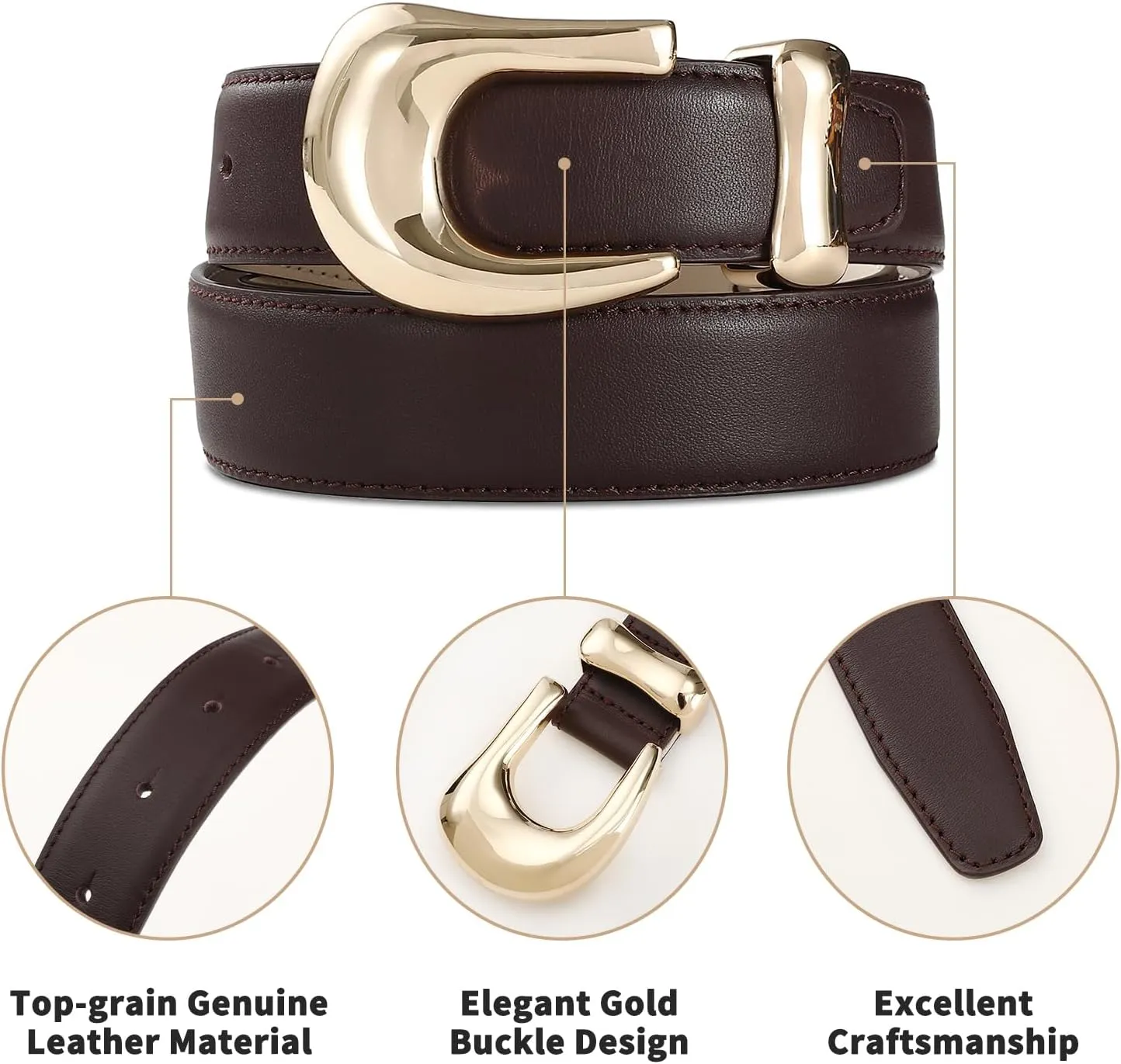 Genuine Leather Belt for Women Burgundy Leather With Gold Metal Buckle Luxury Casual Fashion Belts for Jeans Dresses