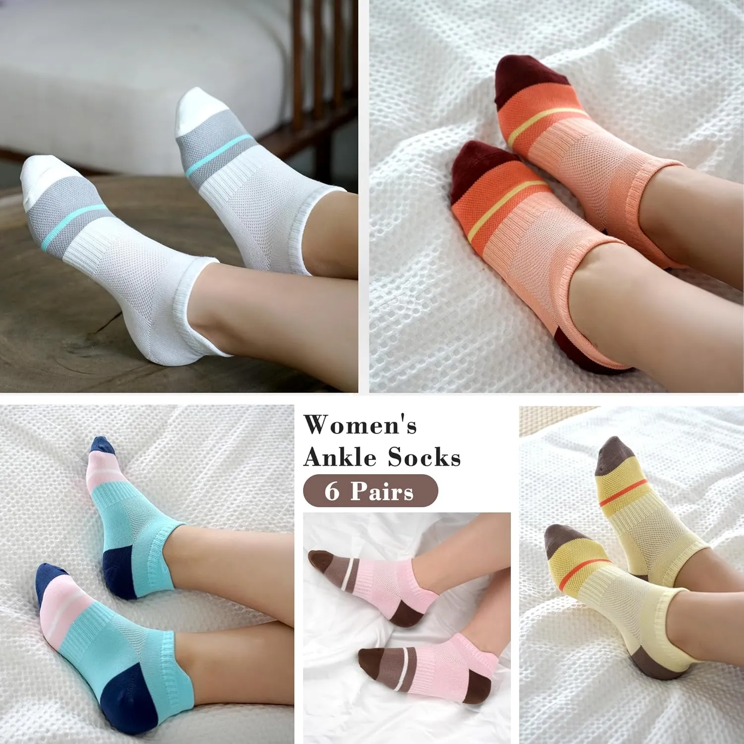Gonii Women's Ultra-Thin Lightweight No-Show Ankle Socks - Seamless Toe Design, Non-Slip Arch Band (6 Pairs) for Running