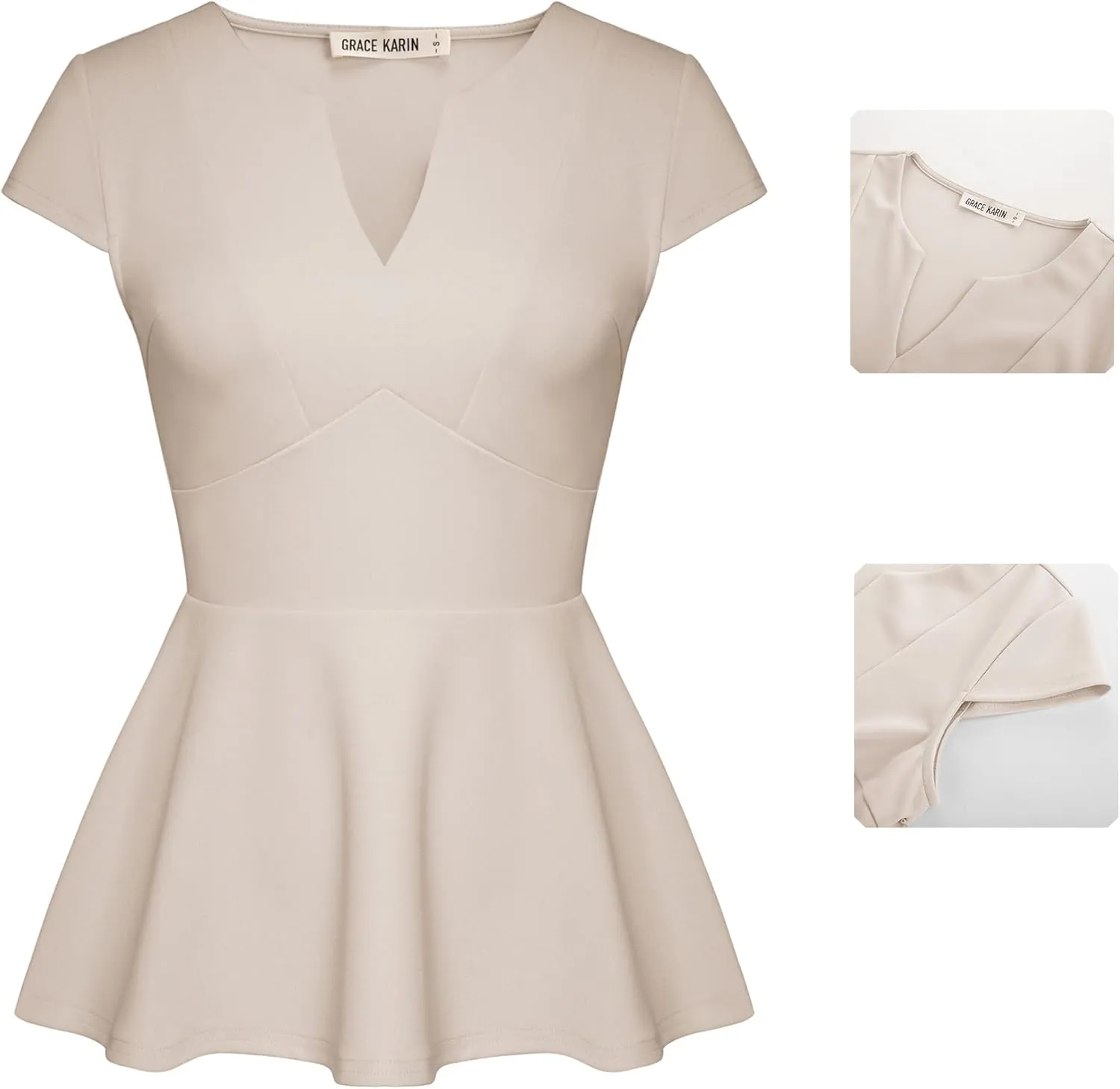 GRACE KARIN Women Dressy Peplum Tops 2025 Summer V Neck Cap Sleeves Fitted Casual Business Work Blouse