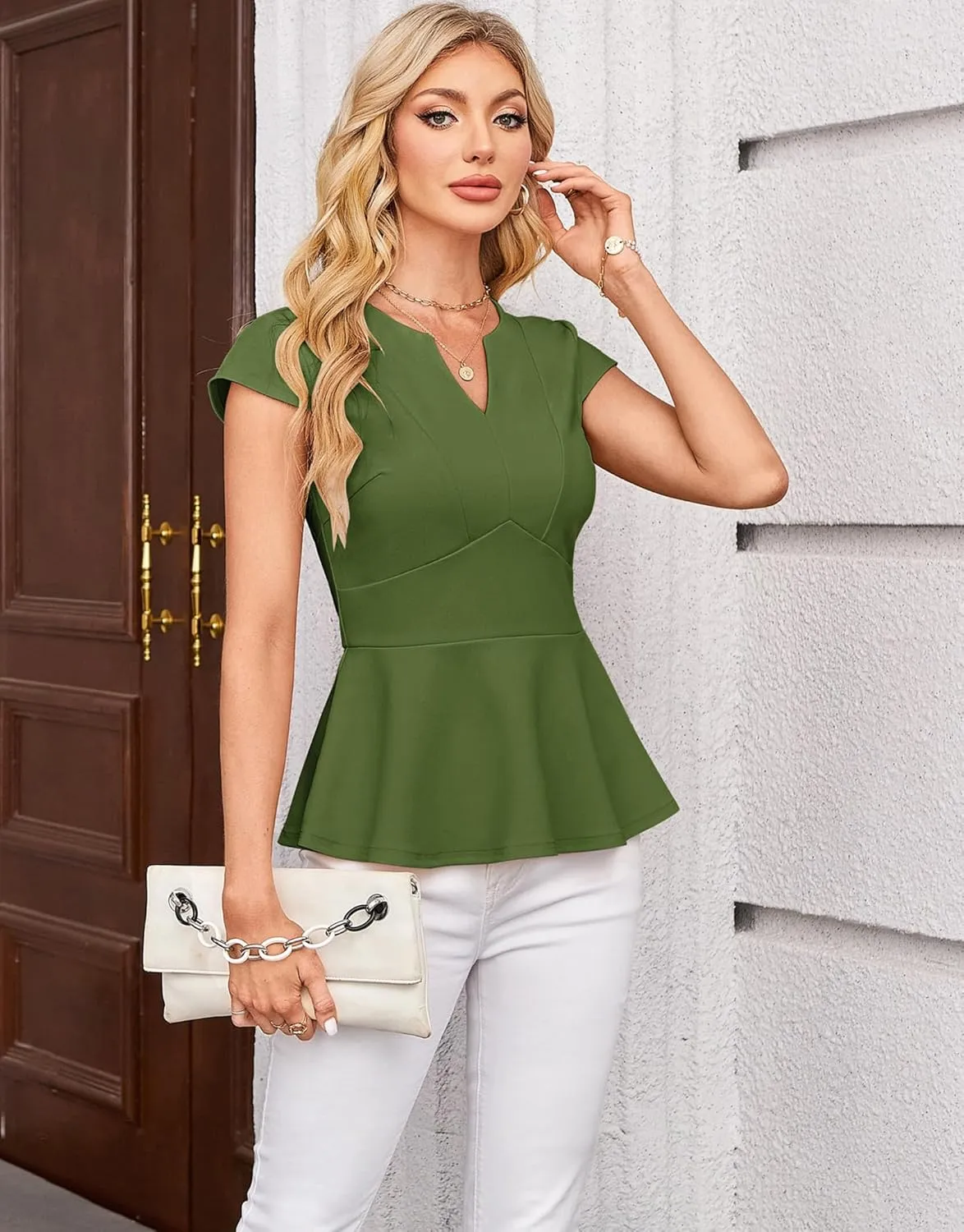 GRACE KARIN Women Dressy Peplum Tops 2025 Summer V Neck Cap Sleeves Fitted Casual Business Work Blouse
