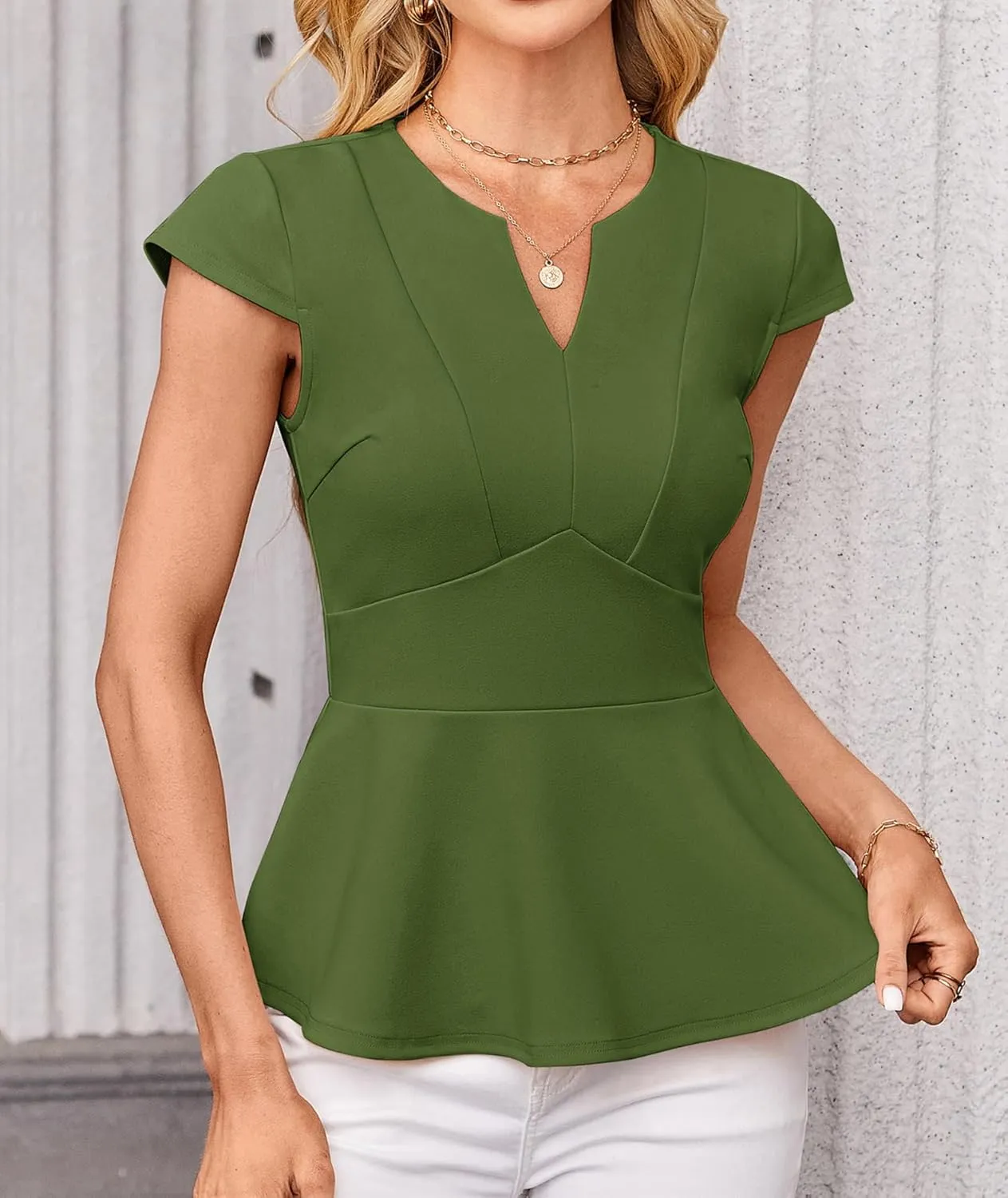 GRACE KARIN Women Dressy Peplum Tops 2025 Summer V Neck Cap Sleeves Fitted Casual Business Work Blouse