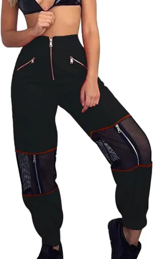 GUOLEZEEV Women Mesh Stitching Jogger Pants Relax Fit Fashion Hiphop Dance Trouser