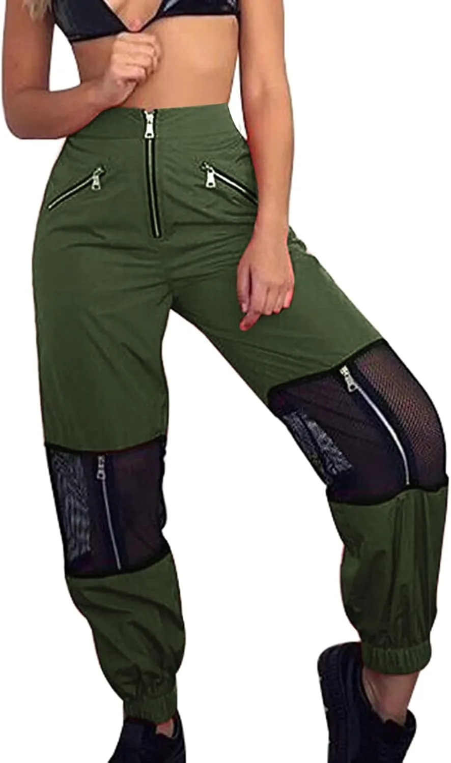GUOLEZEEV Women Mesh Stitching Jogger Pants Relax Fit Fashion Hiphop Dance Trouser
