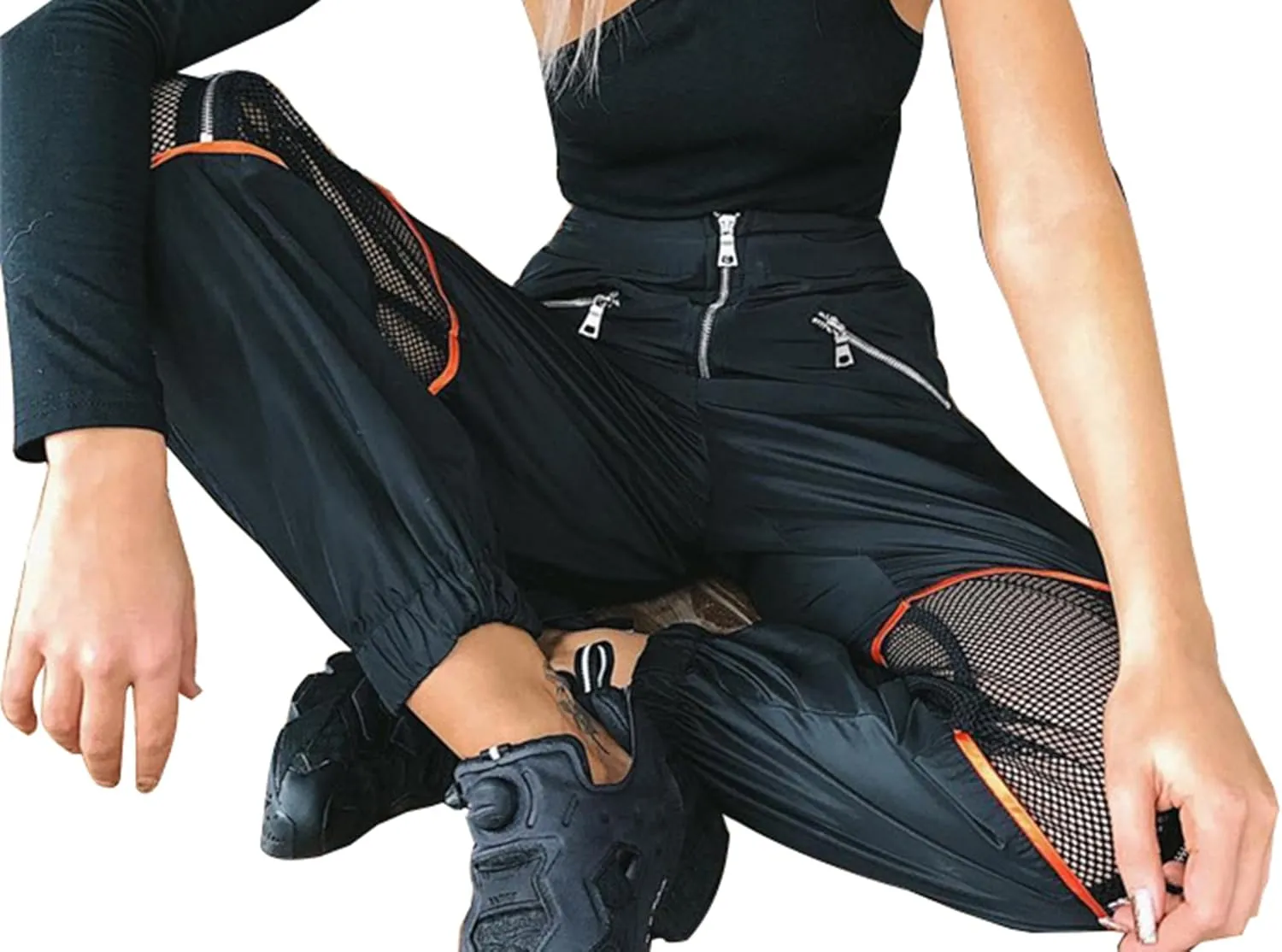 GUOLEZEEV Women Mesh Stitching Jogger Pants Relax Fit Fashion Hiphop Dance Trouser