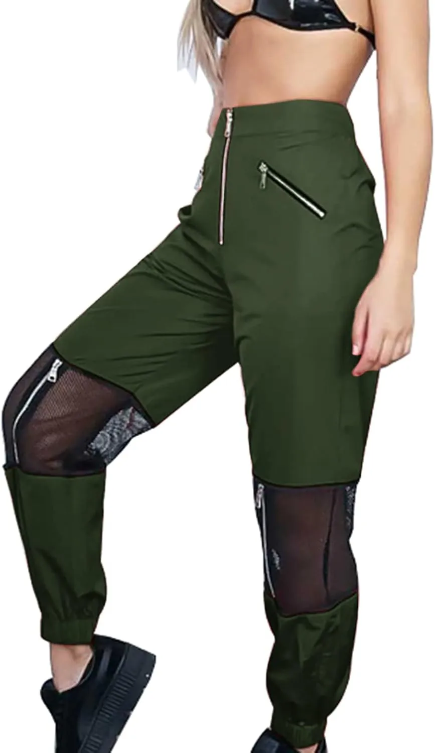 GUOLEZEEV Women Mesh Stitching Jogger Pants Relax Fit Fashion Hiphop Dance Trouser