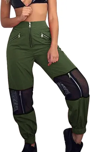 GUOLEZEEV Women Mesh Stitching Jogger Pants Relax Fit Fashion Hiphop Dance Trouser