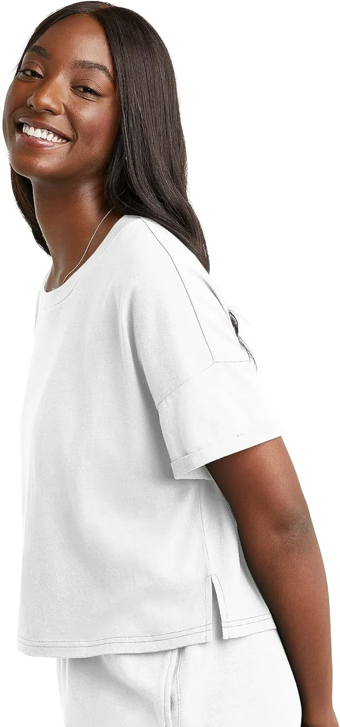 Hanes Women's Originals Boxy Cropped T-Shirt with Rolled Sleeves, 100% Cotton Crop Top