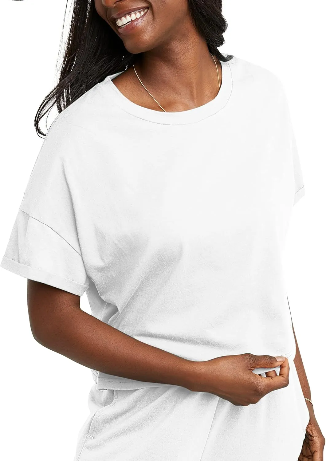 Hanes Women's Originals Boxy Cropped T-Shirt with Rolled Sleeves, 100% Cotton Crop Top
