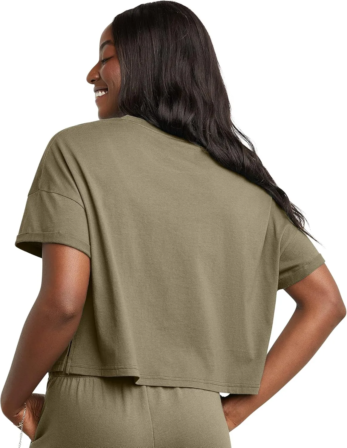 Hanes Women's Originals Boxy Cropped T-Shirt with Rolled Sleeves, 100% Cotton Crop Top