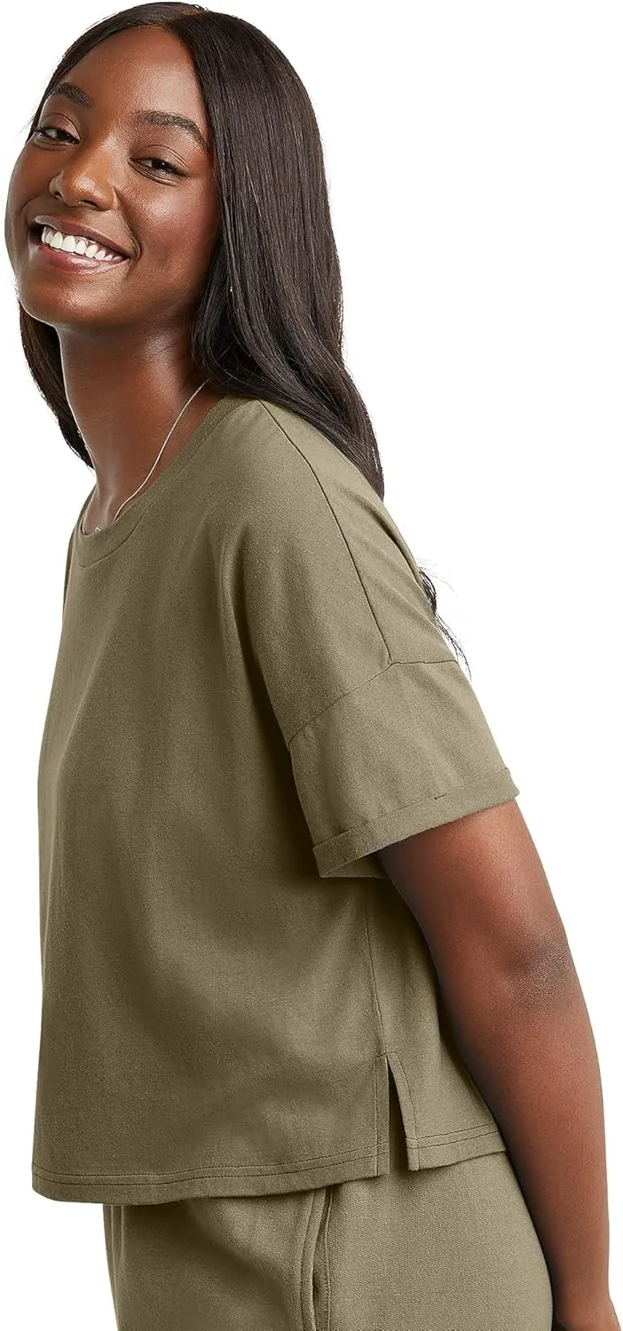 Hanes Women's Originals Boxy Cropped T-Shirt with Rolled Sleeves, 100% Cotton Crop Top