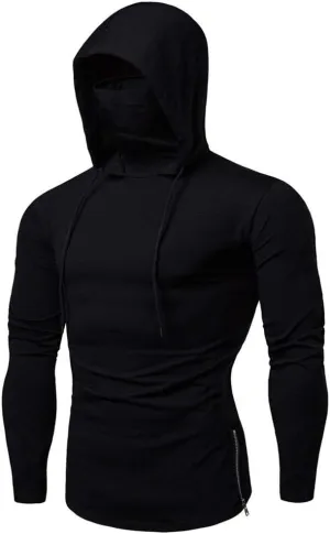 Hipster Workout Hooded Tops with Mask Novelty Casual Long Sleeve Hoodies Shirts Muscle Training Outdoor Pullover