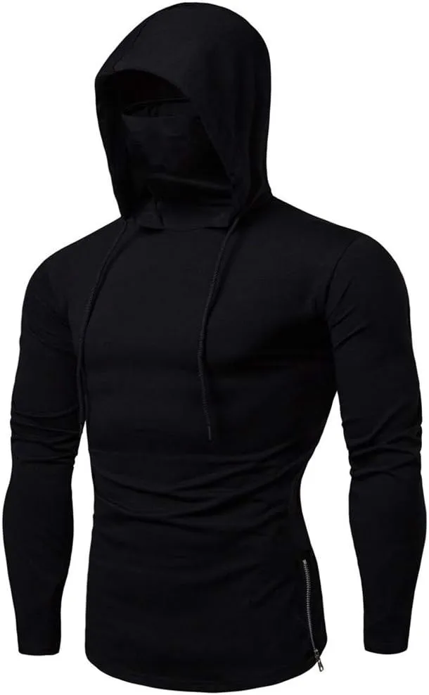 Hipster Workout Hooded Tops with Mask Novelty Casual Long Sleeve Hoodies Shirts Muscle Training Outdoor Pullover