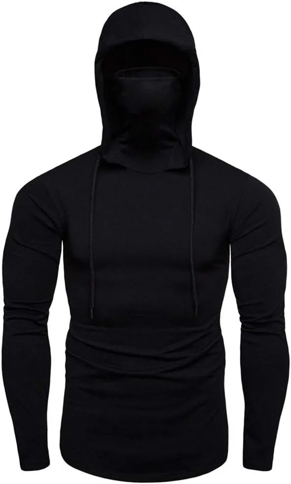 Hipster Workout Hooded Tops with Mask Novelty Casual Long Sleeve Hoodies Shirts Muscle Training Outdoor Pullover