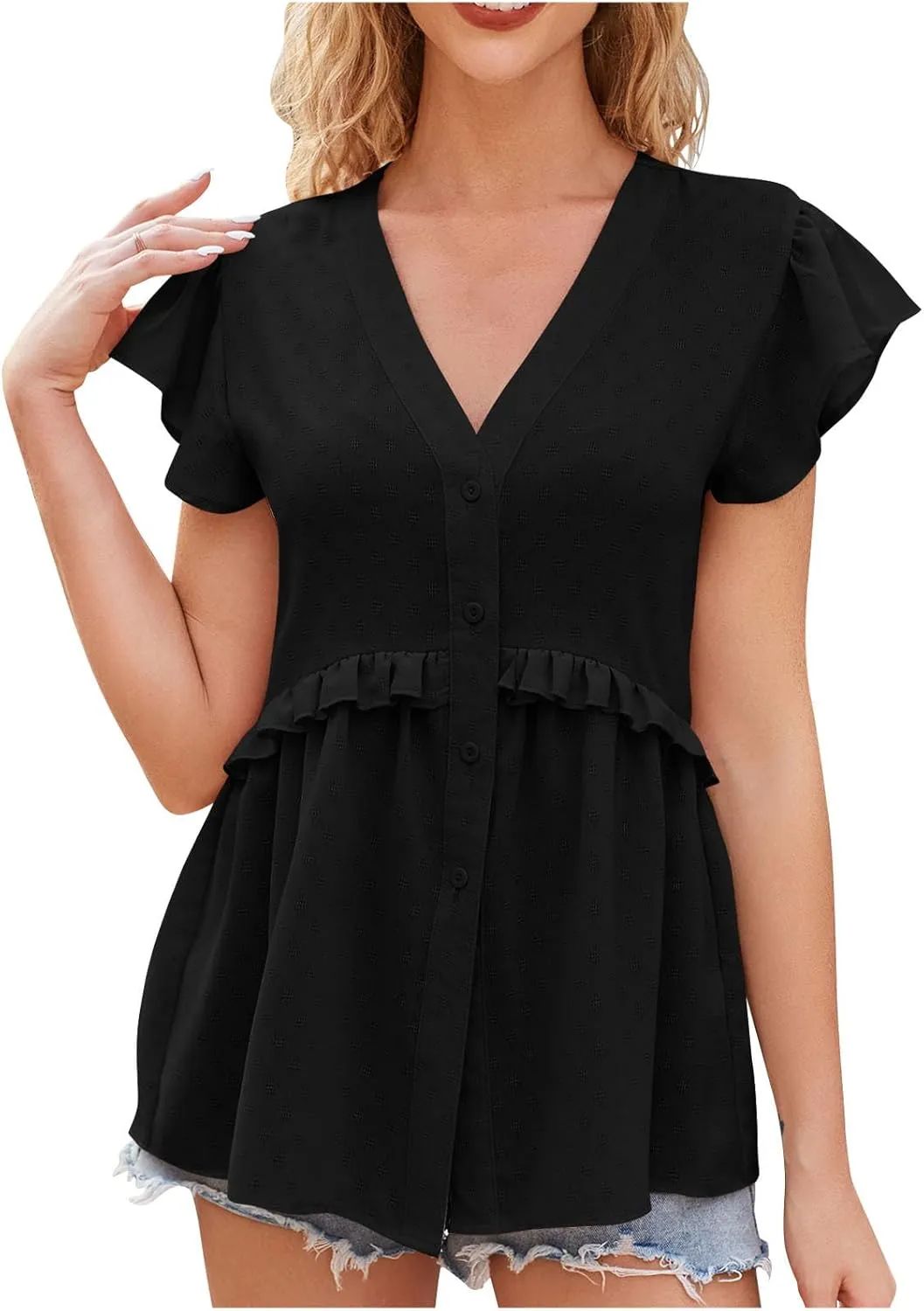 Hollow Out Shirts for Women Summer V Neck Trendy Button Tunics Tops Ruffle Short Sleeve Dressy Casual Blouses