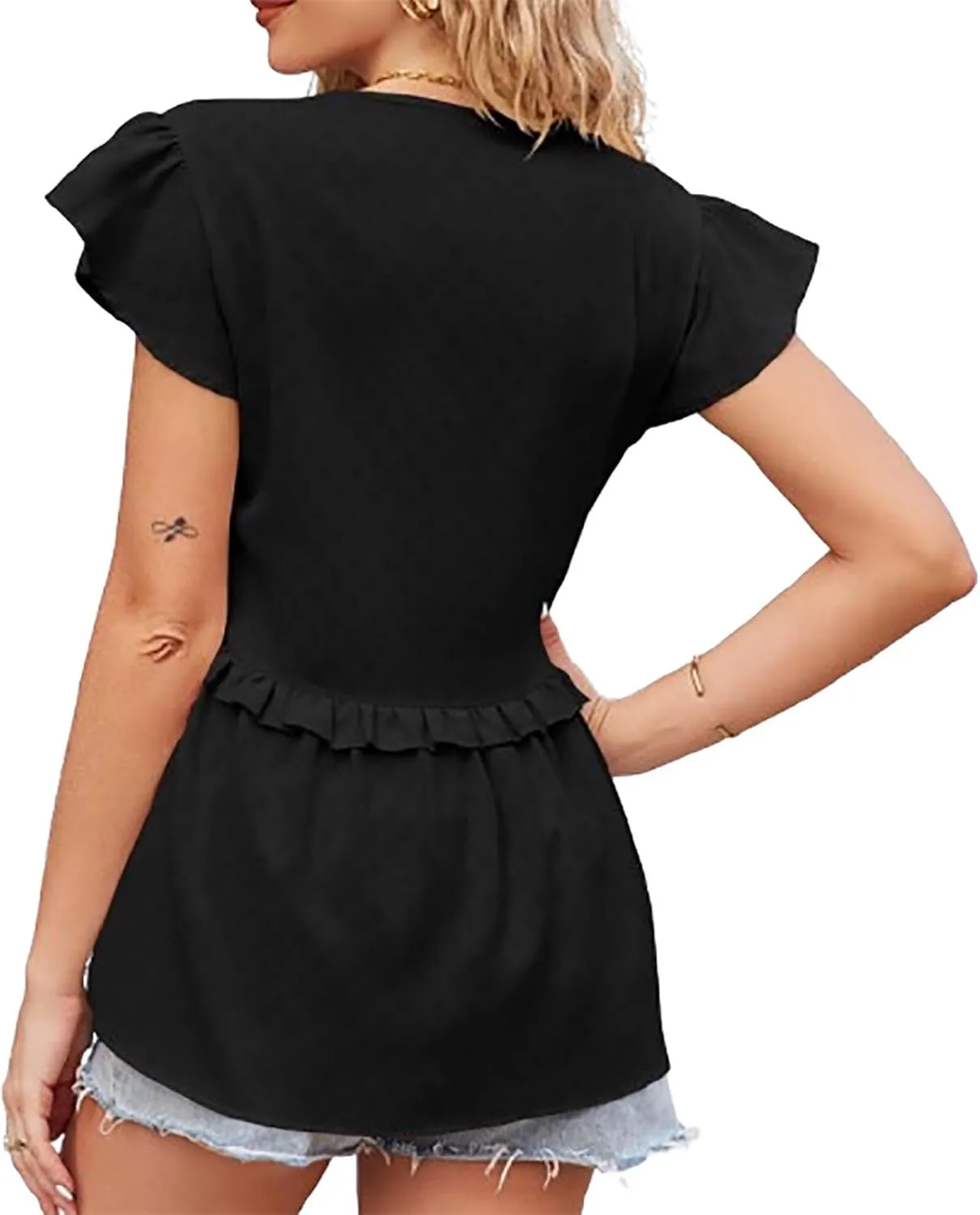 Hollow Out Shirts for Women Summer V Neck Trendy Button Tunics Tops Ruffle Short Sleeve Dressy Casual Blouses